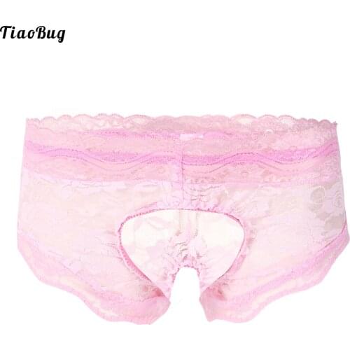 TiaoBug Summer Men Sissy See-Through Lace Crotchless Swimwear Bikini Briefs Thong Floral Pattern T-Back Underwear Underpants