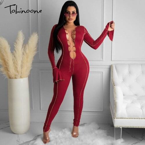 Tobinoone Ribbed Knitted Sexy Hollow Out Sexy Jumpsuit Women Autumn Striped Stretch Rompers Female Long Sleeve Overalls Outfits