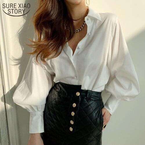 2021 Spring Korean Lantern Sleeve Fashion Women Blouse Office Lady Solid Cotton Women Shirts Turn Down Collar Female Clothing