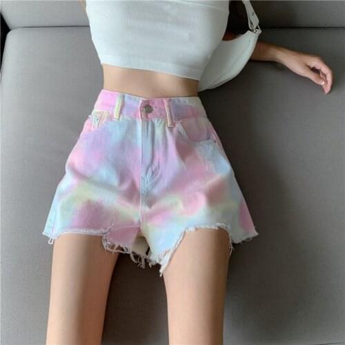 Tie Dye Denim Shorts For Women Clothes 2021 Bermuda Y2K Summer Loose Pockets Washed Sexy Contrast Color Jeans Shorts Female P052