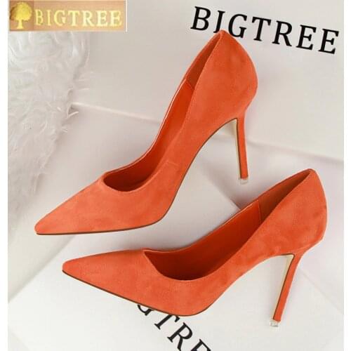 2020 New Arrival Korean Concise Pointed Toe Office Shoes Womens Fashion Solid Flock Shallow High Heels Shoes for Women 9 Colors