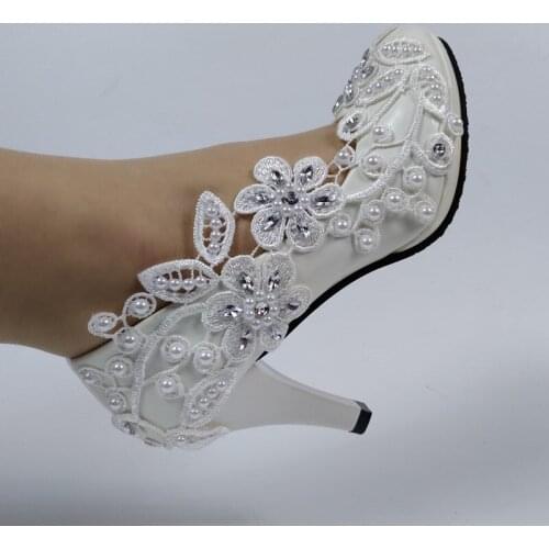 2020 New Arrival White Flower wedding shoes 5cm8cm/10cm High heel round toe shoes for woman Bridesmaid crystal Party Dress Shoe