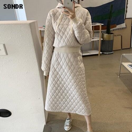 Korean Fashion Suit 2021 Autumn Winter Diamond Lattice Hooded Quilted Sweatshirt + High Waist A-Line Long Skirt Two-Piece Female