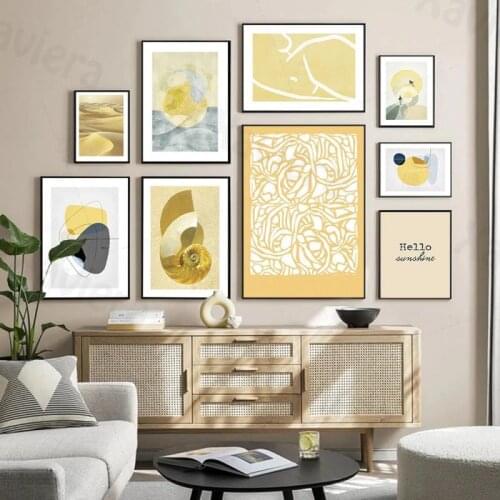 Abstract Yellow Geometric Mural Pattern Sunshine Swan Koi Canvas Art Painting Modern Deco Posters Wall Art Living Room Home Deco