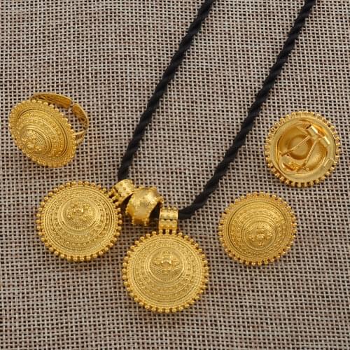 Anniyo Ethiopian set Jewelry Pendant Rope Earring Ring Gold Color Eritrea Africa Wedding Engagement sets Habesha #055006