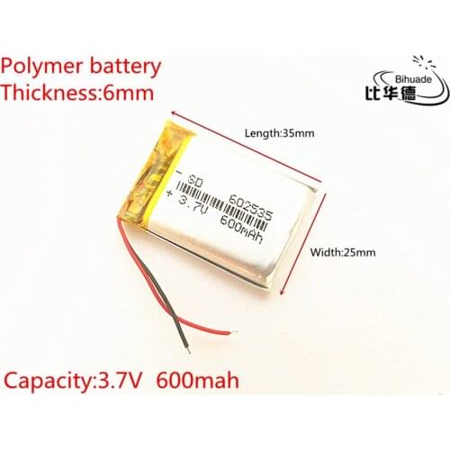 Free shipping 1pcs/lot 3.7V 600mAh 602535 Rechargeable li Polymer Li-ion Battery For headphones tachograph mp3 mp4