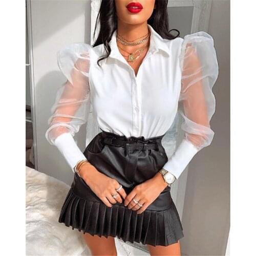 Womens Tops and Blouses Elegant Sheer Puff long Sleeve OL Shirt Ladies Polka Dot chemise femme Office Lady Turtleneck Streetwear
