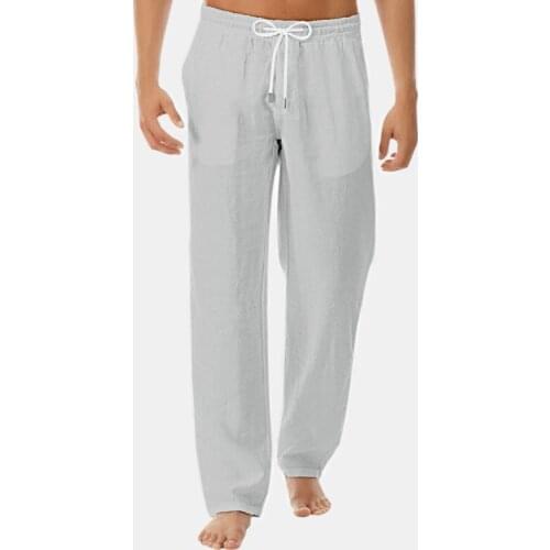 Casual Mens Pants Summer Cotton Linen Pocket Trousers Drawstring Elastic Waist Wide Leg Full Pants Sleep Bottoms Homewear 3XL