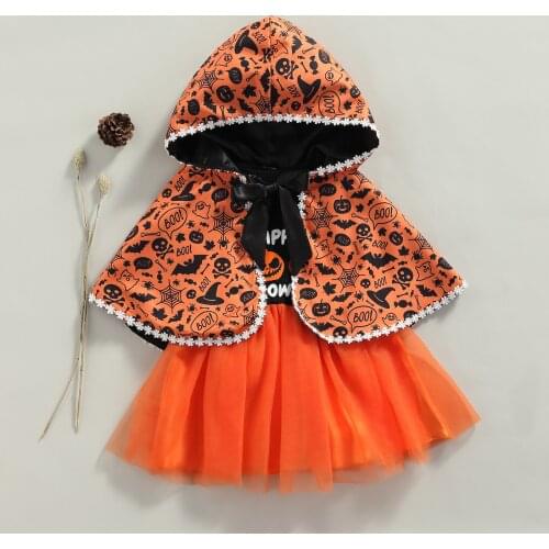 2021 Halloween Kids Baby Girls Clothes Set Letter Pumpkin Print Sleeveless Tutu Dress+ Hooded Cloak Party Outfit 1-5Years