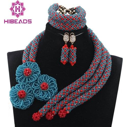 Chunky Seed Beads Flowers Exclusive Red and Teal Wedding Beads African Jewelry Sets Crystal Bridal Necklace Free Shipping ABH254