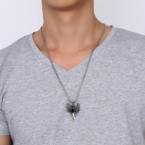 New Mens High Quality Stainless Steel Necklace Pendant With Black AAA Zircon Double Dragon Sword Pendant Jewelry