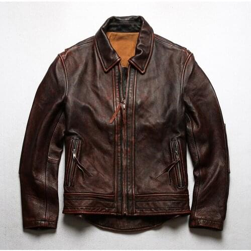 2021 Distressed Leather Jacket Mens Lapel Japanese-Style Retro First Layer Cowhide Leather Jacket