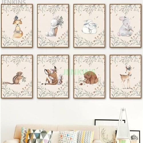 Wall Art Canvas Painting Hug Rabbit Deer Fox Squirrel Bear Flower Cartoon Nordic Poster And Prints Wall Pictures Kids Room Decor