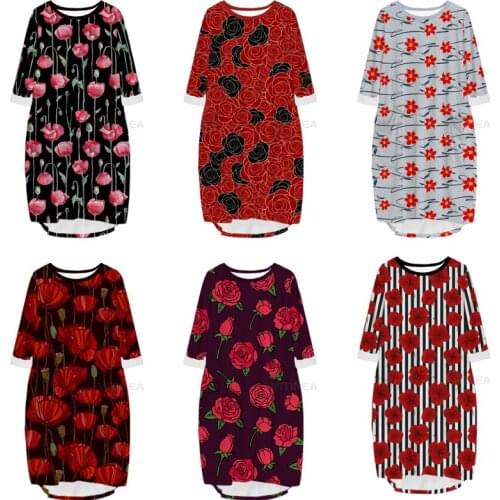 New Fashion 3D Print Long Premium Flowers Pocket Loose Casual Robe Summer Dress Traf For Women V27