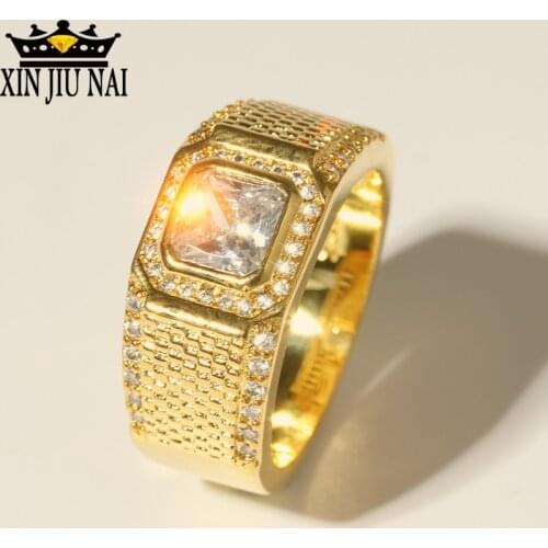 New Gold Color Cubic Zircon14k gold ring for Men Big Zirconia Steel Ring Wedding Male Money tycoon Jewelry Party Gifts