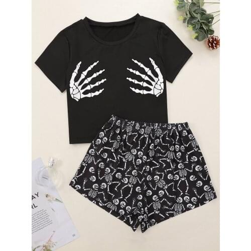 New Style Lady Cartoon Skeleton Fingers Print Short Sleeve T Shirts&Shorts Pajama Set Summer Comfortable Sleepwear Home Suits