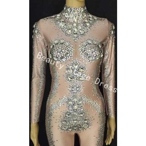 Nude Sparkly Stones Perspective Mesh Bodysuit Long Sleeves Stretch Brown Jumpsuit Party Celebrate Costume Rhinestones Leggings