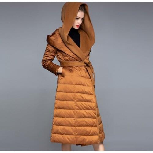 Obrix Goose Down High Street Female Jacket Long Hooded Belt Full Sleeve Cashmere Streetwear Fashion Jacket For Women