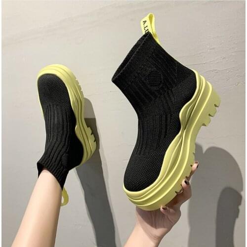 Autumn New Knitting Socks Shoes Woman Stretch Fabric Casual Platform Ankle Boots Thick Bottom Knitted Women Martin Booties