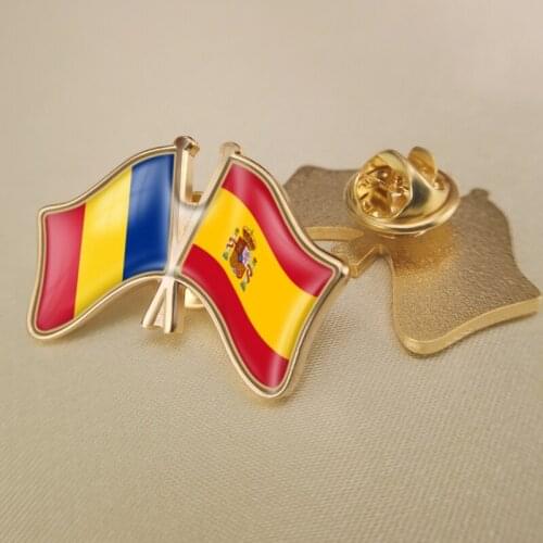 Romania and Spain Crossed Double Friendship Flags Lapel Pins Brooch Badges