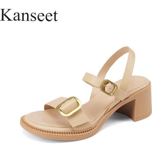 Kanseet Shoes Women 2021 Genuine Leather Sandals Buckle High Heels Sandals Round Toe Cow Leather Ladies Footwear Summer Apricot