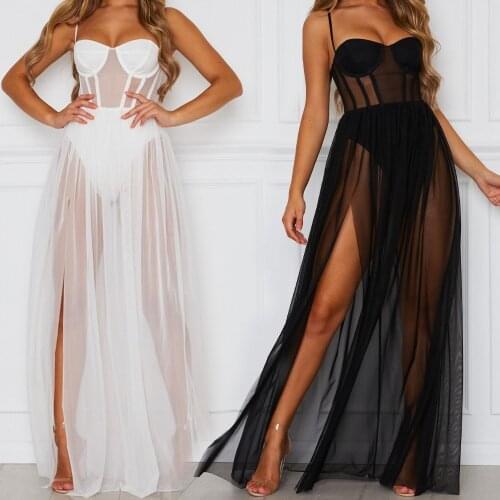 Sexy Mesh Sheer Women Sling Bikini Cover Ups Summer V-neck See Through Long Dress Female Split High Waist Beach Cover Dress
