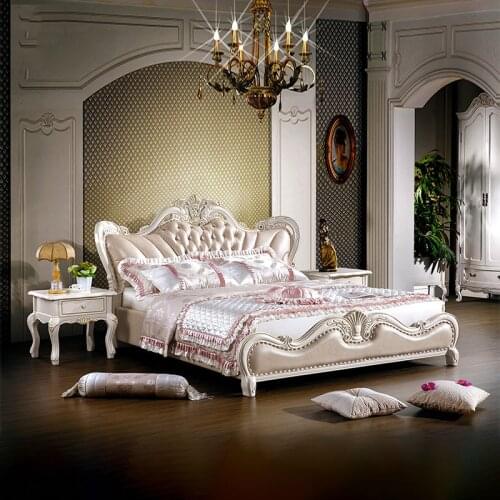 Modern european solid wood bed 2 people Fashion Carved leather french bedroom furniture pearly white 0519