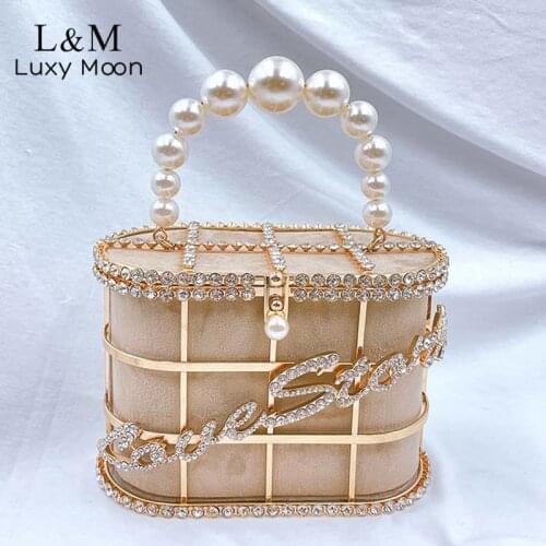Women Hollow Evening Clutch Bag Wedding Pearl Luxury Designer Handbag Letter Diamond Purse Small Metal Box Shoulder Bag X540H