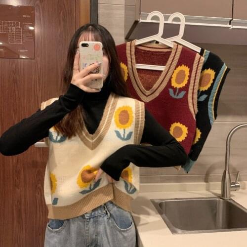 Vintage Winter Sweaters Women Cropped Sweater Vest Sunflower Print Knitted Sweater Loose Fashion V-Neck Sweater Vest Women