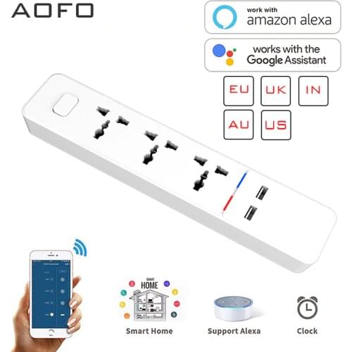 Wifi smart Power Strip with Universal 3 Socket 2 USB Charging Station Work with Alexa Google Home Assistant UK/AU/EU/India Plugs