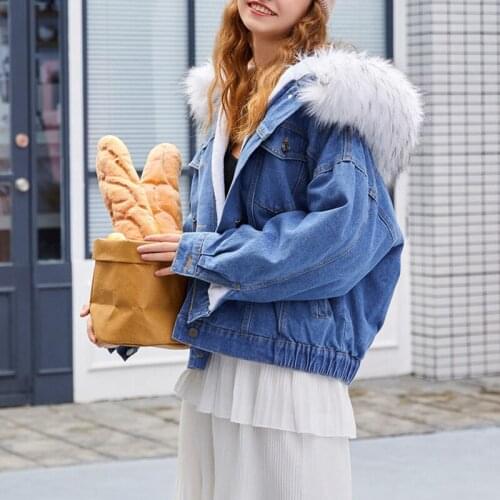 Womens Winter Fleece Lined Denim Jacket Coat Thicken Hooded Faux Fur Collar