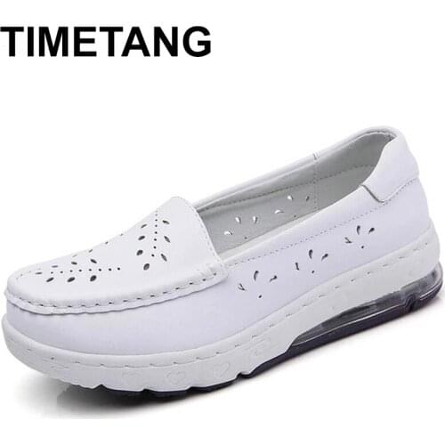 TIMETAN Breathable Summer Nurse Loafers Leather Driving Moccasins for Women Casual Slip On Boat Shoes Fashion Comfort Flats