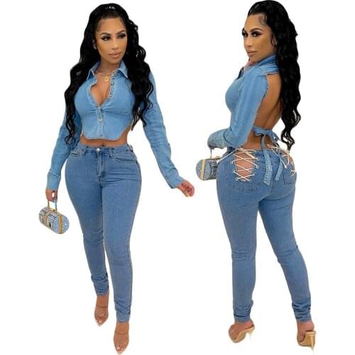 Women Jeans High Waist Pocket Criss-cross Lace Up Sheath Elastic Ankle Length Denim Pencil Pants Casual Fashion Trousers