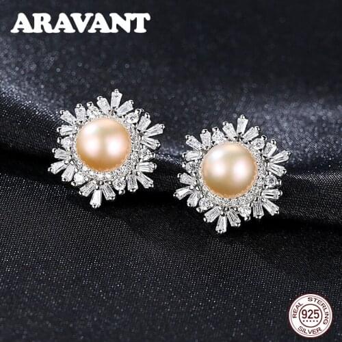 925 Sterling Silver Elegant Flowers Zircon Stud Earrings Freshwater Pearl Earrins Wedding Pearl Jewelry 3 Colors