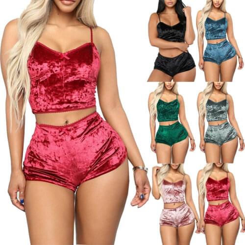 Women 2 piece set Velvet Sleepwear Sexy Spaghetti Strap Shorts Pajamas Suit Ladies Casual Sleepwear Female Pajama Party Set HOT