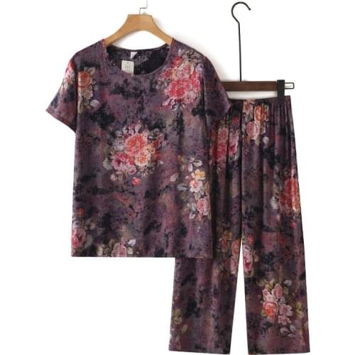 Summer Comfortable 2021 Loungewear T-shirt Suit Short-sleeved Floral Printed Pajamas Women Sleepwear Blouse Pants Two-piece Set