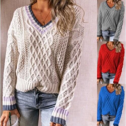 European and American ladies leisure multi-color patchwork v-neck knitted long-sleeve pullover sweater