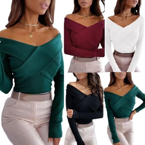 Women Autumn Knitted Pullovers and Sweaters Cross V-neck Long Sleeve Basic Jumper Tops