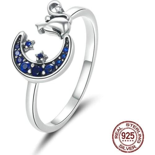 2021 New Fashion Cute Adjustable Size Cat Star Moon Ring With Blue Stone 925 Sterling Silver Rings Fine Jewelry For Women Gift