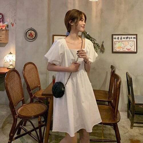 New 2021 Summer Korean Loose Short Sleeve Square Collar Dress for Female Students A-LINE Knee-Length White Dress for Women