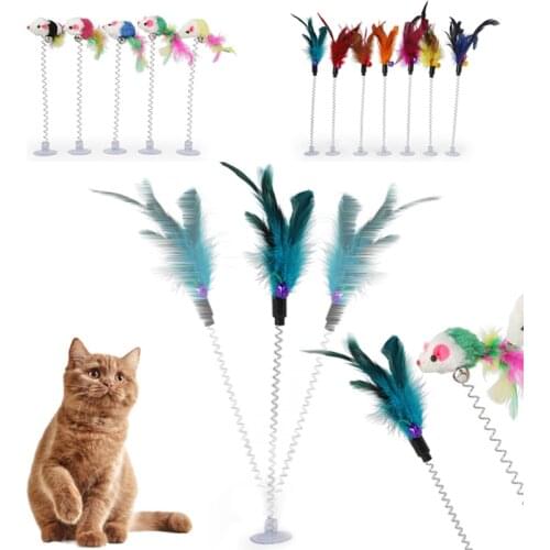 1PC Spring Pet Toy Elastic With Bell Spring Color Mouse And Feather Bottom Sucker Pet Cat Toy Product Cat Accessories Decoration