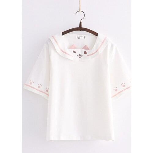 2021 Teen Girls Kawaii Short Sleeve Graphic T-Shirts Women Cute Cat Cartoon Print Tops Vintage Aesthetic Tee White Blue T Shirt