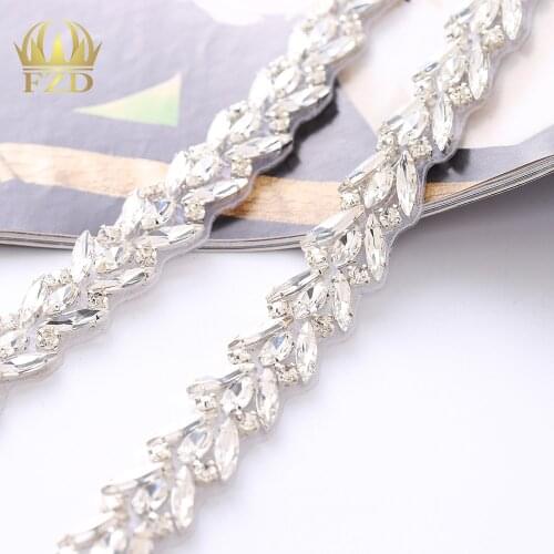 1piece) Handmade Beaded Sew On Hot Fix Sliver Clear Bling Rhinestone Crystal Wedding Sash Applique for Bridal Belt Wristbands