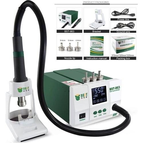 BST-863 Lead Free Thermostatic Heat Gun Soldering Station 1200W Intelligent LCD Digital Display Rework Station For Phone Repair