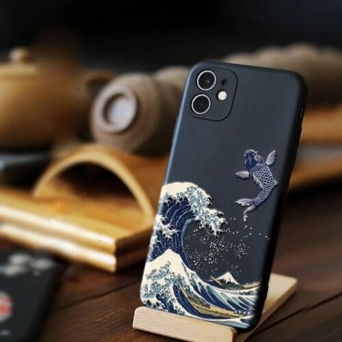 Couple Phone Bag For iPhone 11 Case 12 Pro Max Coque SE 2020 12mini X S XR 6 S 7 8 Plus Cover 3D Emboss Art Wave Soft Black Capa