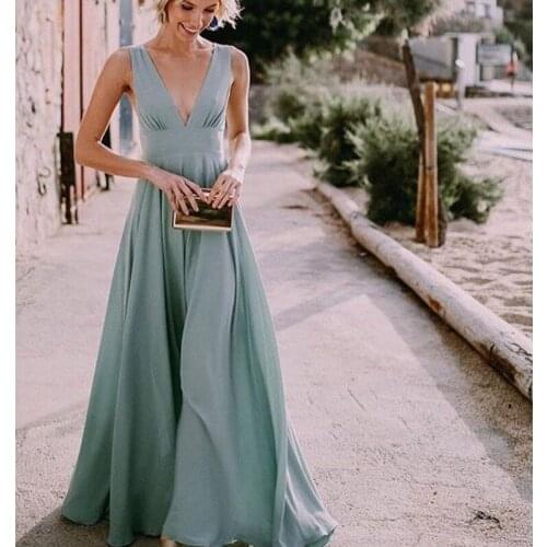 Elegant Simple Cheap Deep V Neck Long Teal A Line Wedding Guest Dress Bridesmaid Dresses