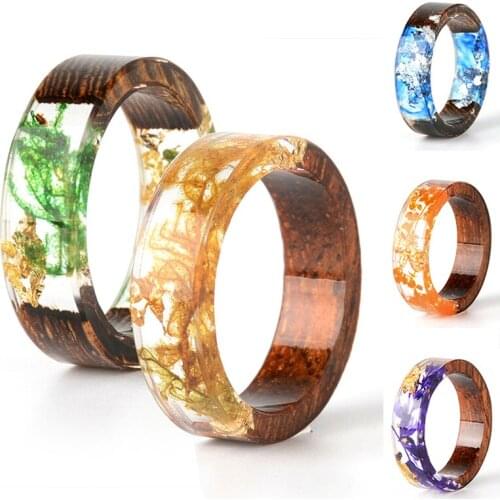 2021 New Wood Resin Rings Unisex Colorful Transparent Acrylic Dried Flower Ring for Women Girls Wedding Jewelry Party Gifts