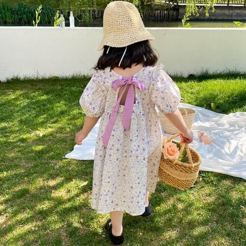 Summer Floral Dress for Girls Sweet Princess Dresses 2021 flower Print Backless Bow Party Dress DT411