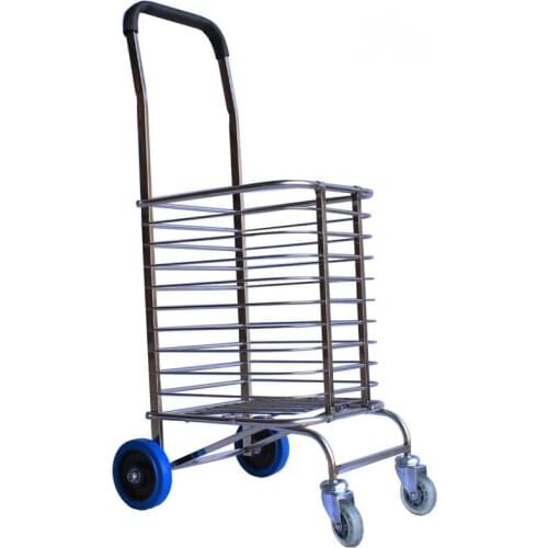 Stainless Steel Grocery Shopping Cart Can Load 75KG, Foldable Hand Dolly, Portable Supermarket Basket