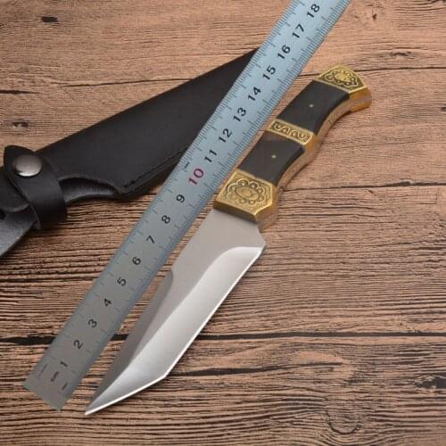 New Fixed Blade Survival Straight Knife 440C Satin Tanto Blade Full Tang Wood + Steel Handle With Leather Sheath H1010
